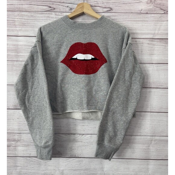 FOREVER 21 RHINESTONES LIPS Crewneck CROP TOP SIZE Medium - Picture 1 of 7
